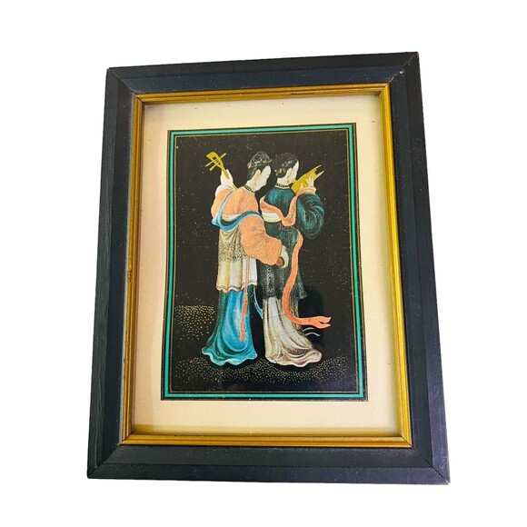 Vintage Chinese Art Print Black Gold Wooden Framed 7” X 5.5” - Picture 3 of 10